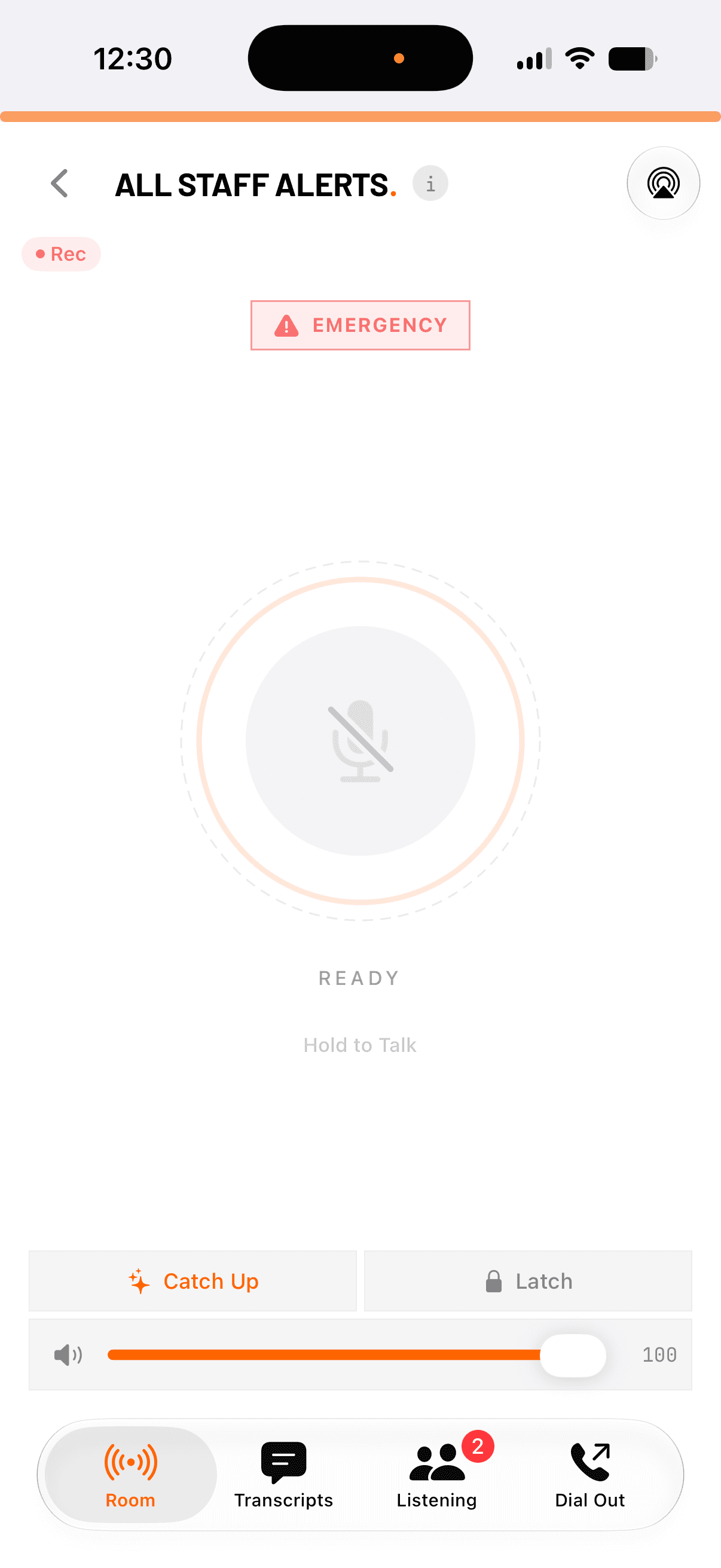 whoot. for iOS: the All staff alerts room, with the emergency control at the top and the hold-to-talk control in the centre