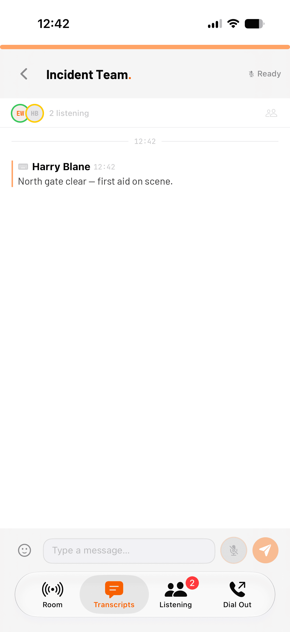 whoot. for iOS: the Transcripts view, each line attributed to its speaker with the recording behind it