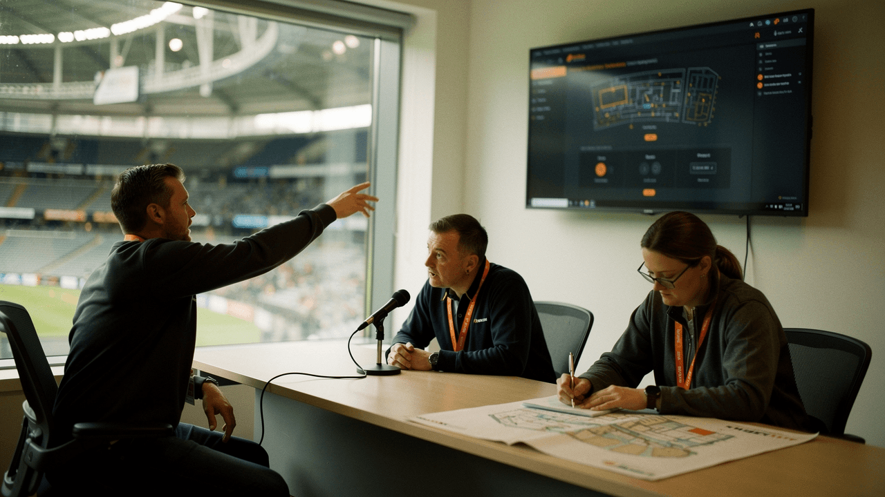 Three members of an event control team briefing at a desk beside a wall screen, the arena bowl visible through the window