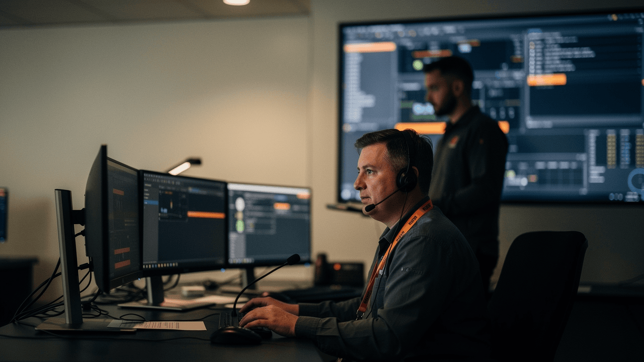 A control room operator wearing a headset with a boom microphone, working across three monitors