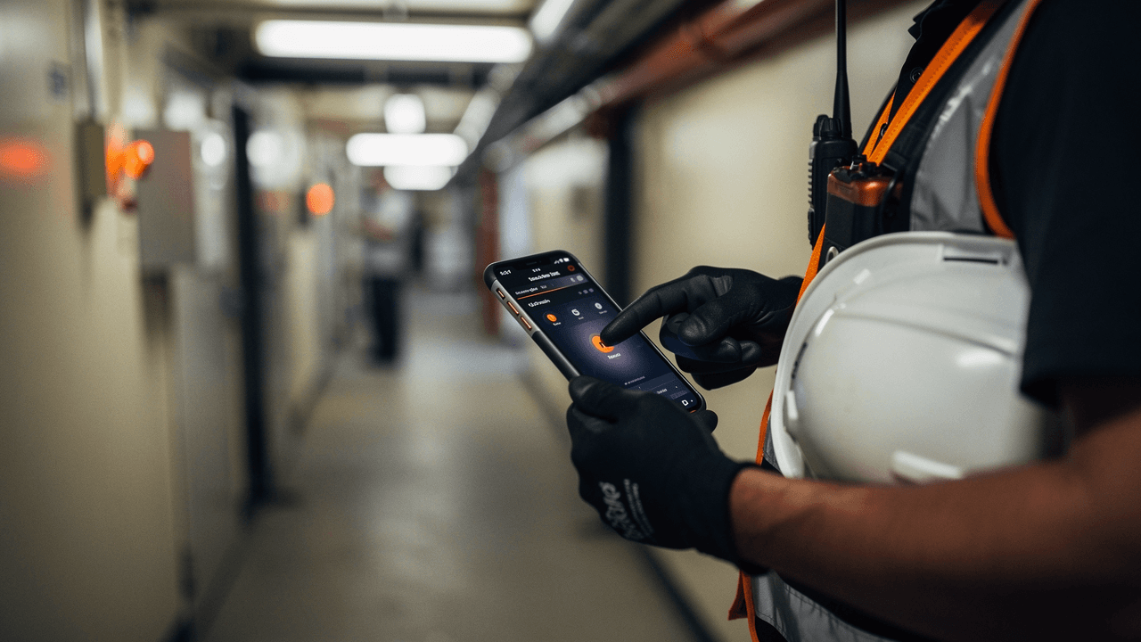 Gloved hands holding a phone in a service corridor, a radio clipped to a hi-vis vest and a hard hat under one arm