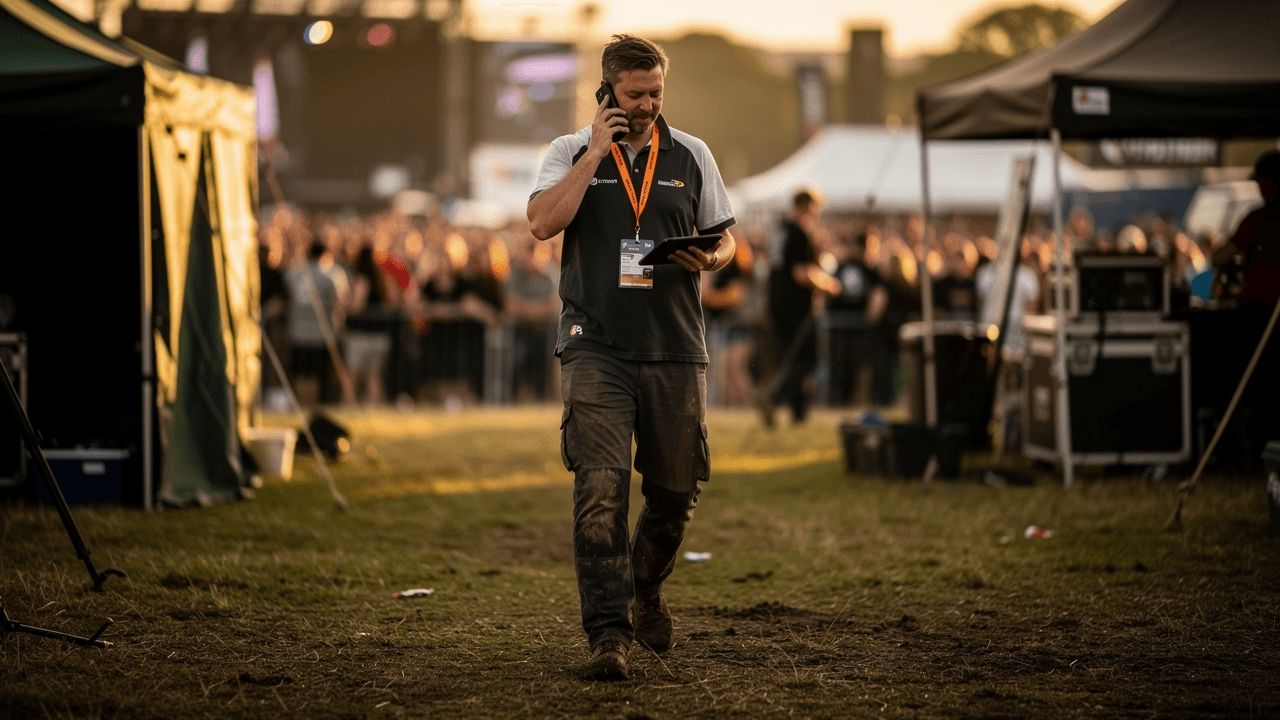 An event operations manager on the phone, tablet in hand, walking across a festival site at golden hour with the crowd behind him