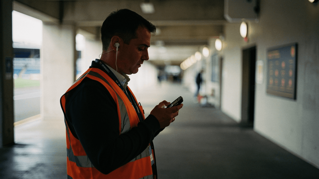 A steward in an orange hi-vis vest and earpiece checking his phone on a stadium concourse